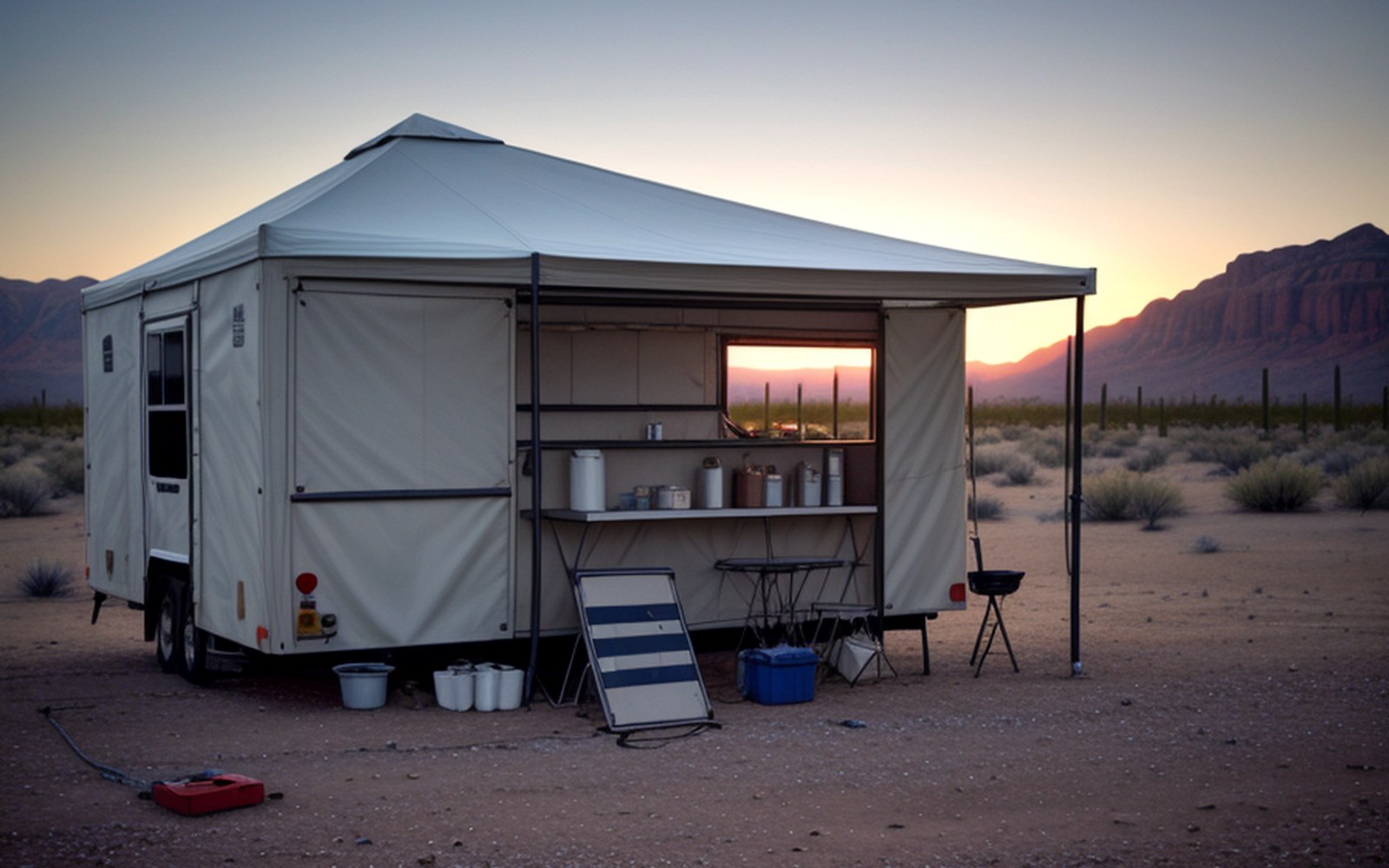 Mobile care station concept in a desert field setting.