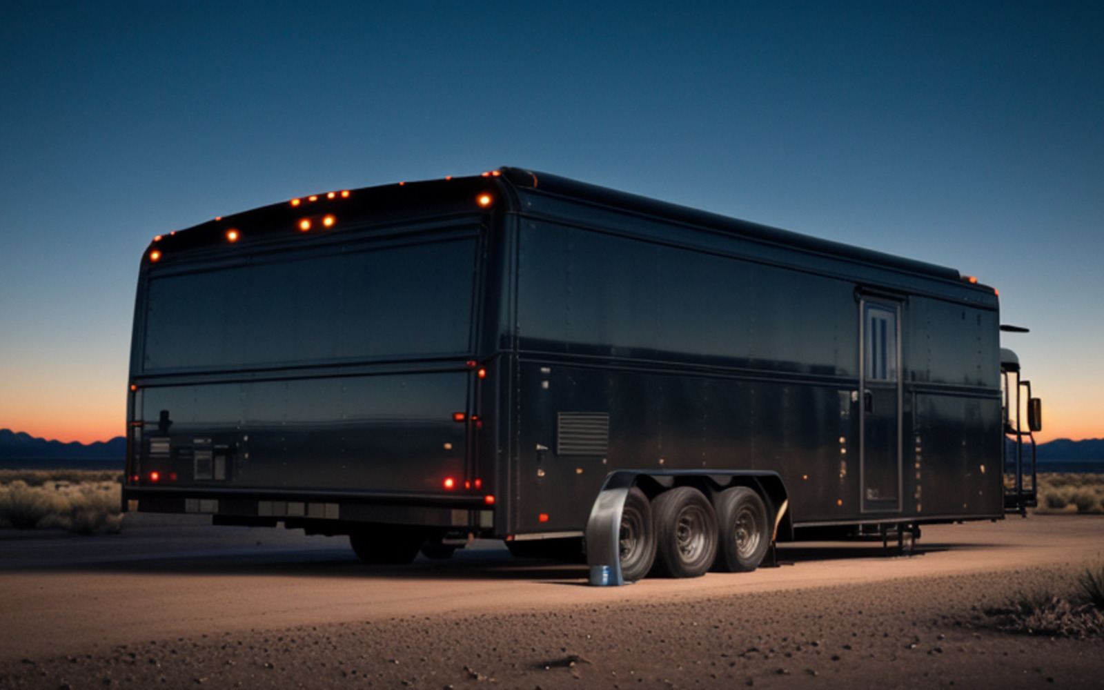 Mobile sanctuary vehicle at dusk on an open desert road.